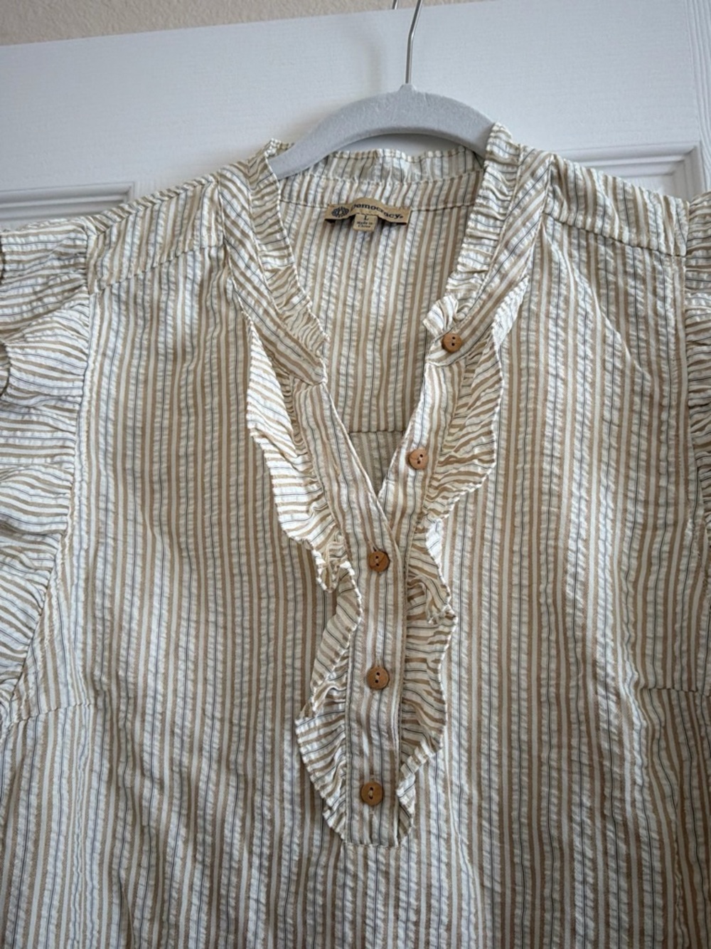 Democracy Cream and Tan Striped Ruffle Henley Blouse